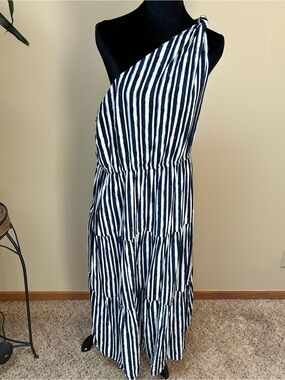 Maurices Navy and White Striped One-Shoulder Dress
